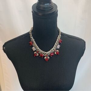 Red taupe gray brown gem jewelled silver tone faux leather braided necklace